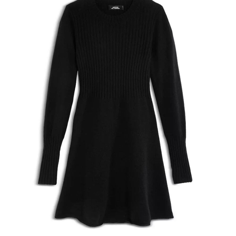 Girls Aqua Black Ribbed Knit Mini Dress